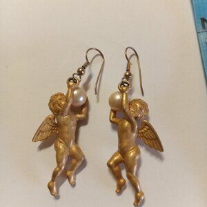 angel & pearl drop gold tone earings